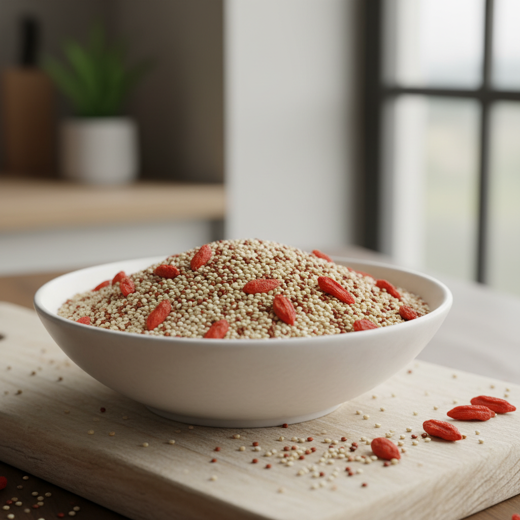Primer plano de granos de quinua y bayas de goji, ejemplos de superalimentos