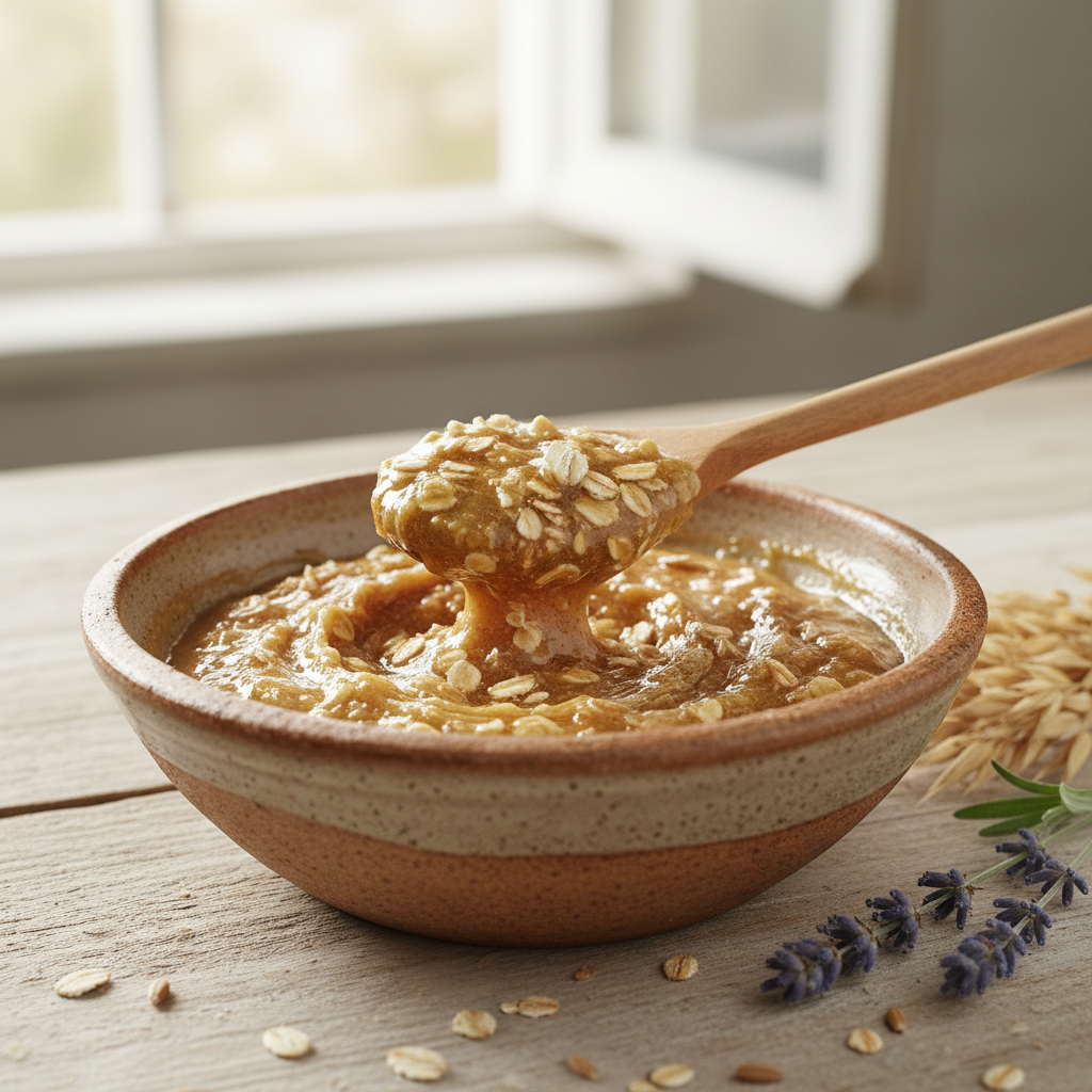 Mezcla de miel y avena en un cuenco de cerámica para cuidado natural